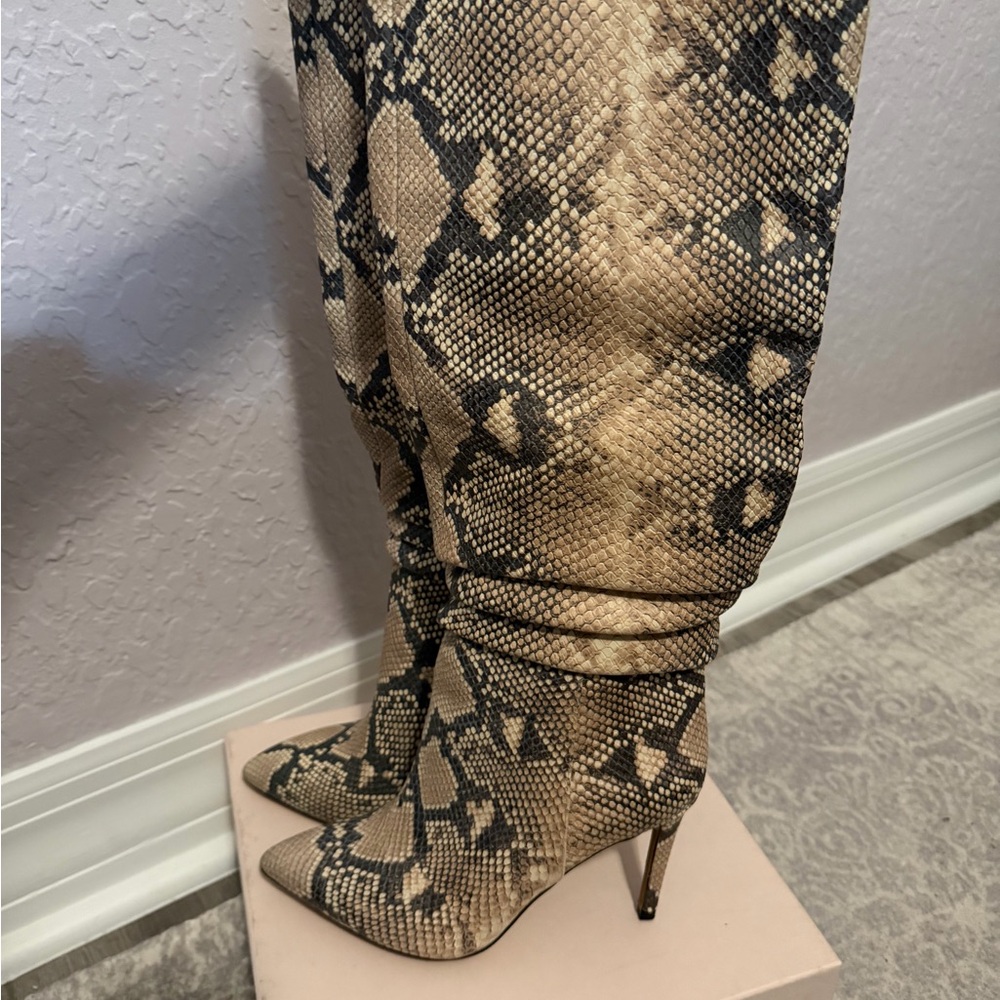 Vince Camuto Tan and Black Snakeskin Heeled Boots